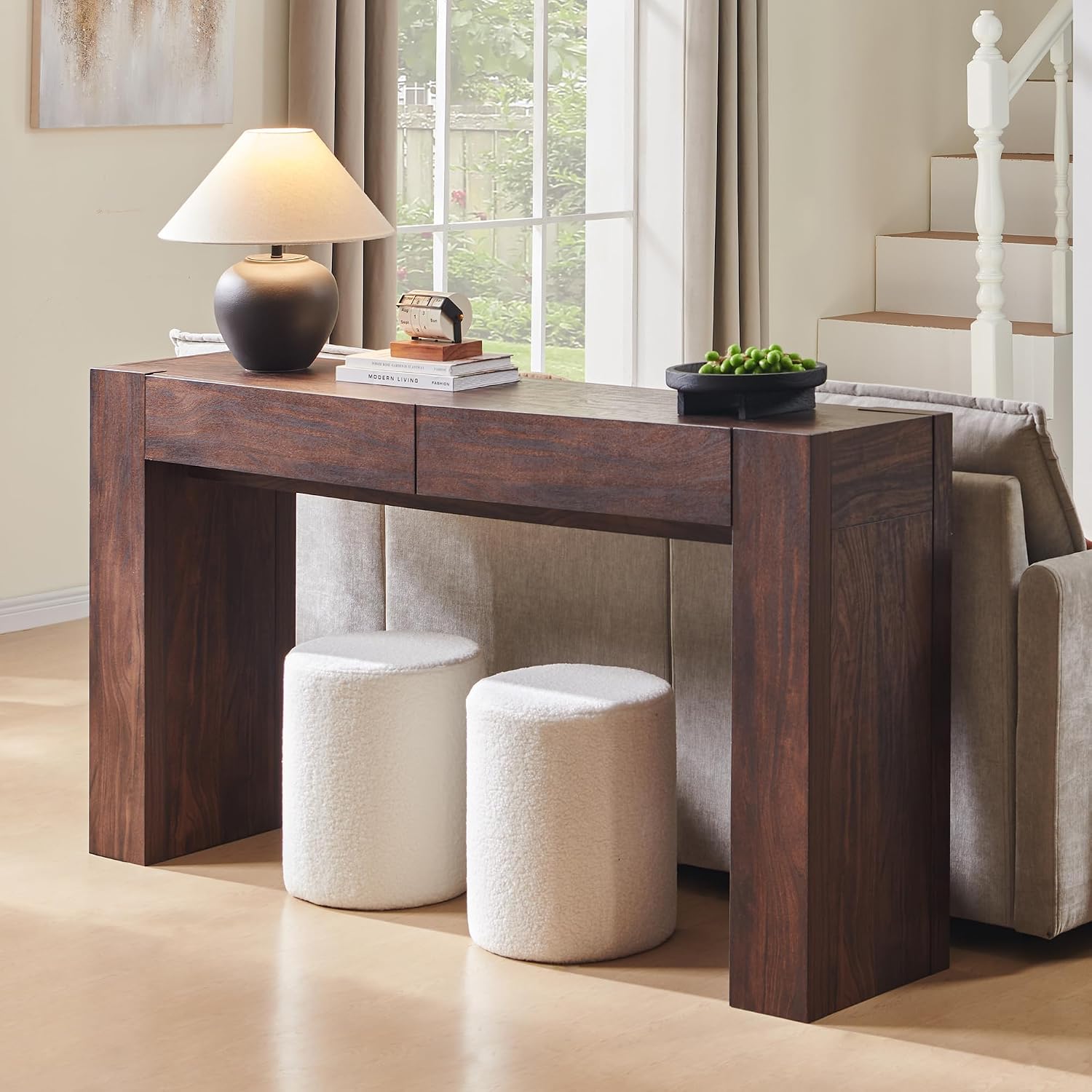 OKD Modern Entryway Console Table, Sofa Table with Drawers, 63' Long Hall Table Behind Couch, Thick Wood Design for Living Room, Hallway - Dark Walnut