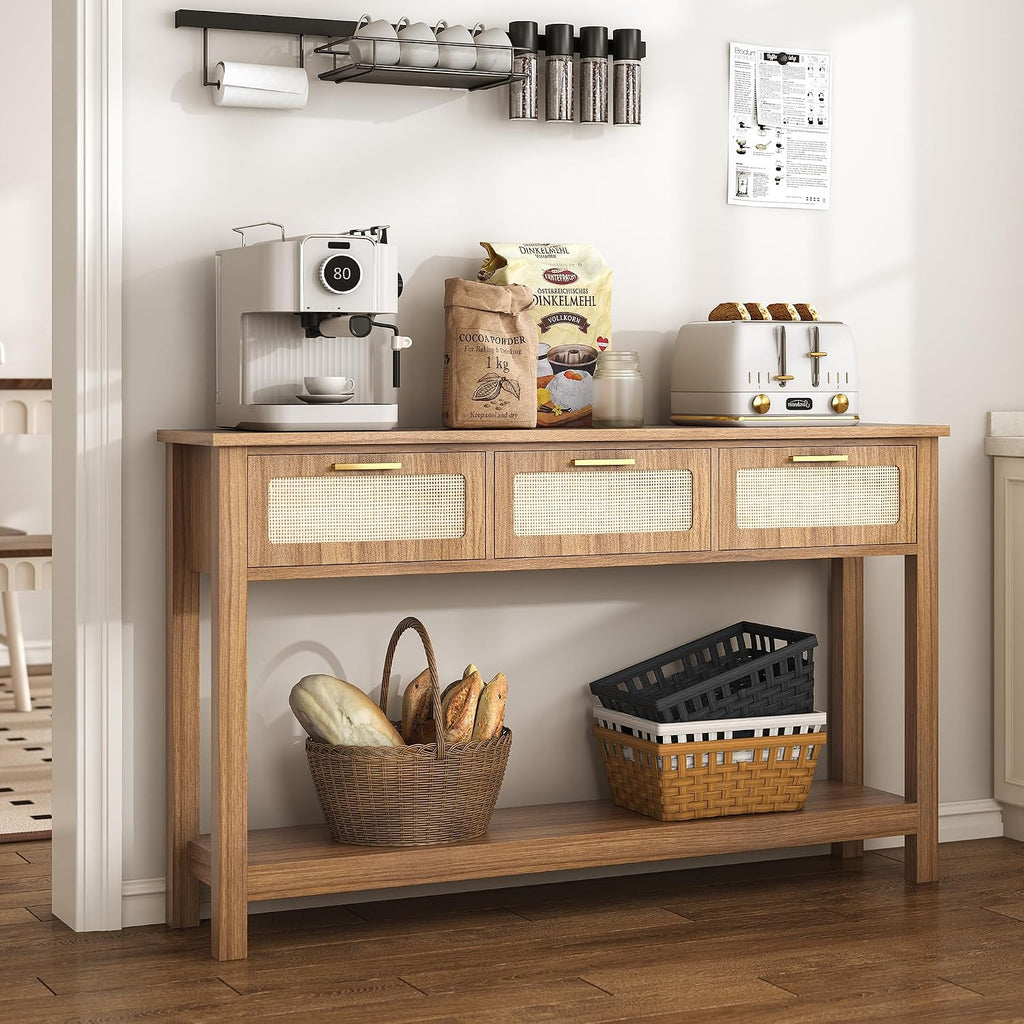 ELYKEN 51.2' Entryway Table with 3 Rattan Drawers, Boho Console Table Narrow with Storage, Long Sofa Table for Behind Couch Entry Hallway, Entrance, Living Room, Oak Brown