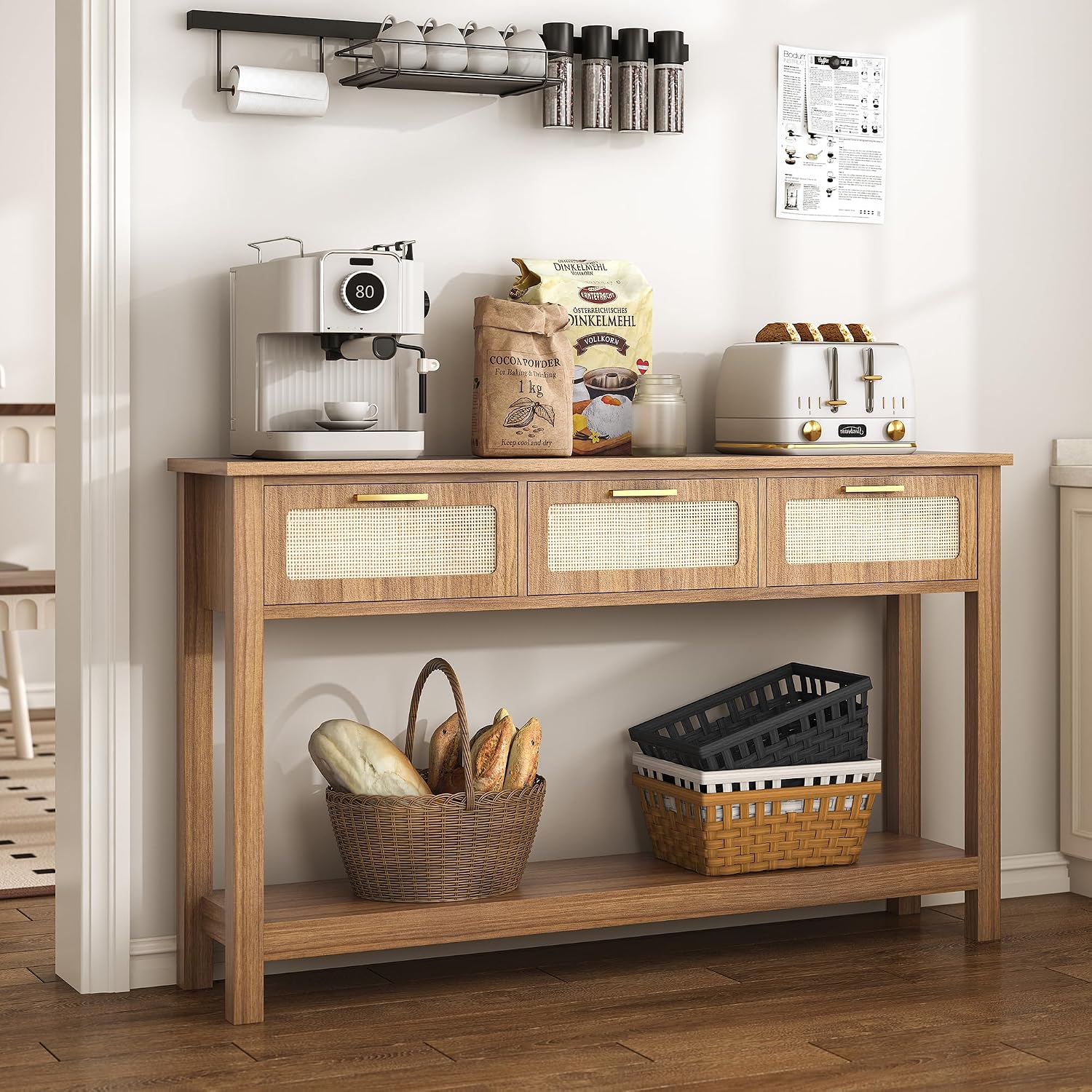 ELYKEN 51.2' Entryway Table with 3 Rattan Drawers, Boho Console Table Narrow with Storage, Long Sofa Table for Behind Couch Entry Hallway, Entrance, Living Room, Oak Brown