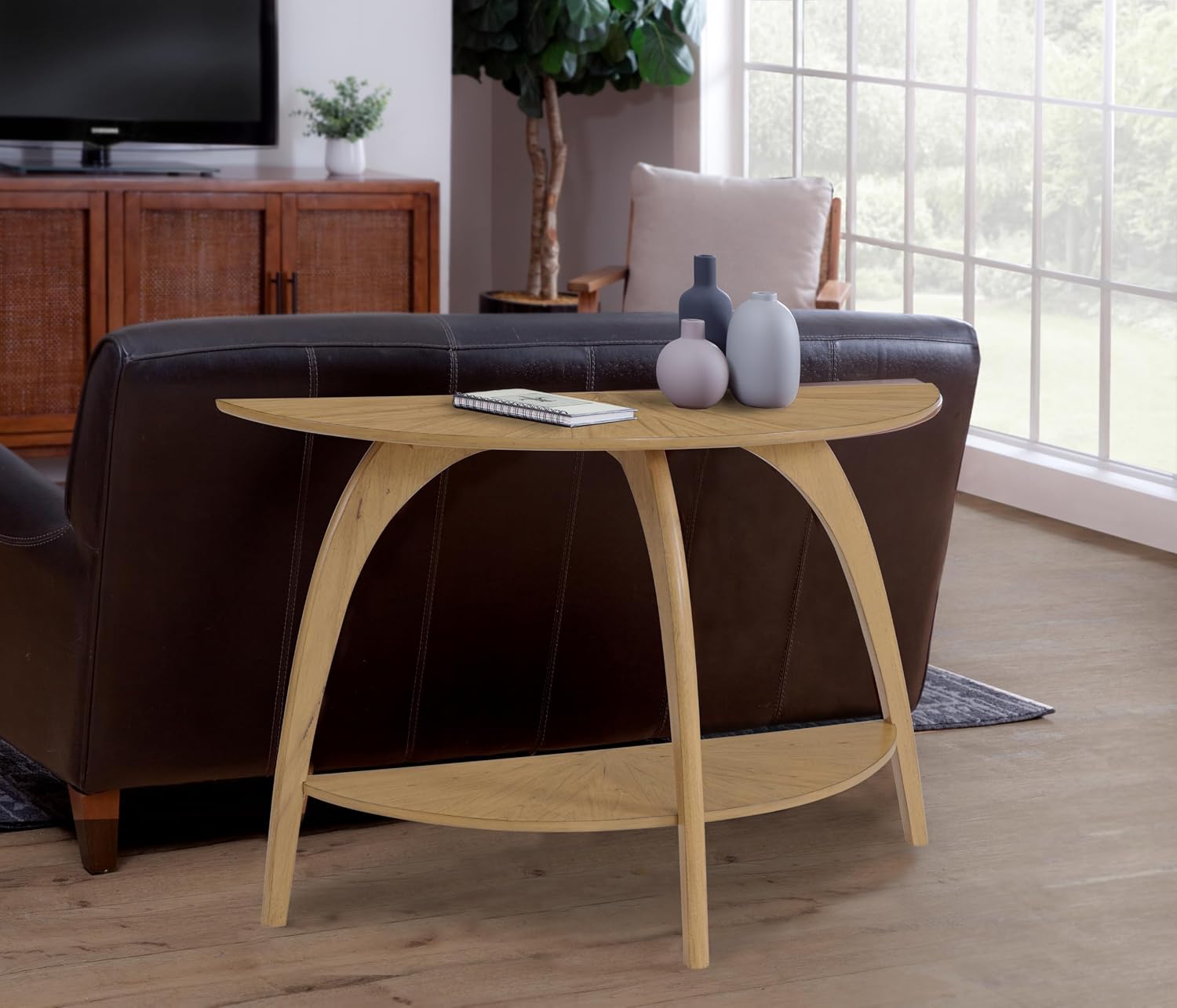 Martin Svensson Home LAX Retro Mid-Century Modern Half-Moon Wood Sofa Table with Lower Shelf, Console Table for Living Room or Entryway. Light Wood Blonde.