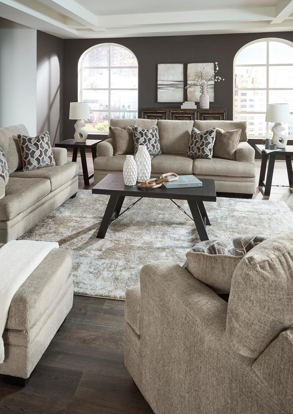 Signature Design by Ashley Stonemeade Casual Sofa with 4 Toss Pillows, Light Brown