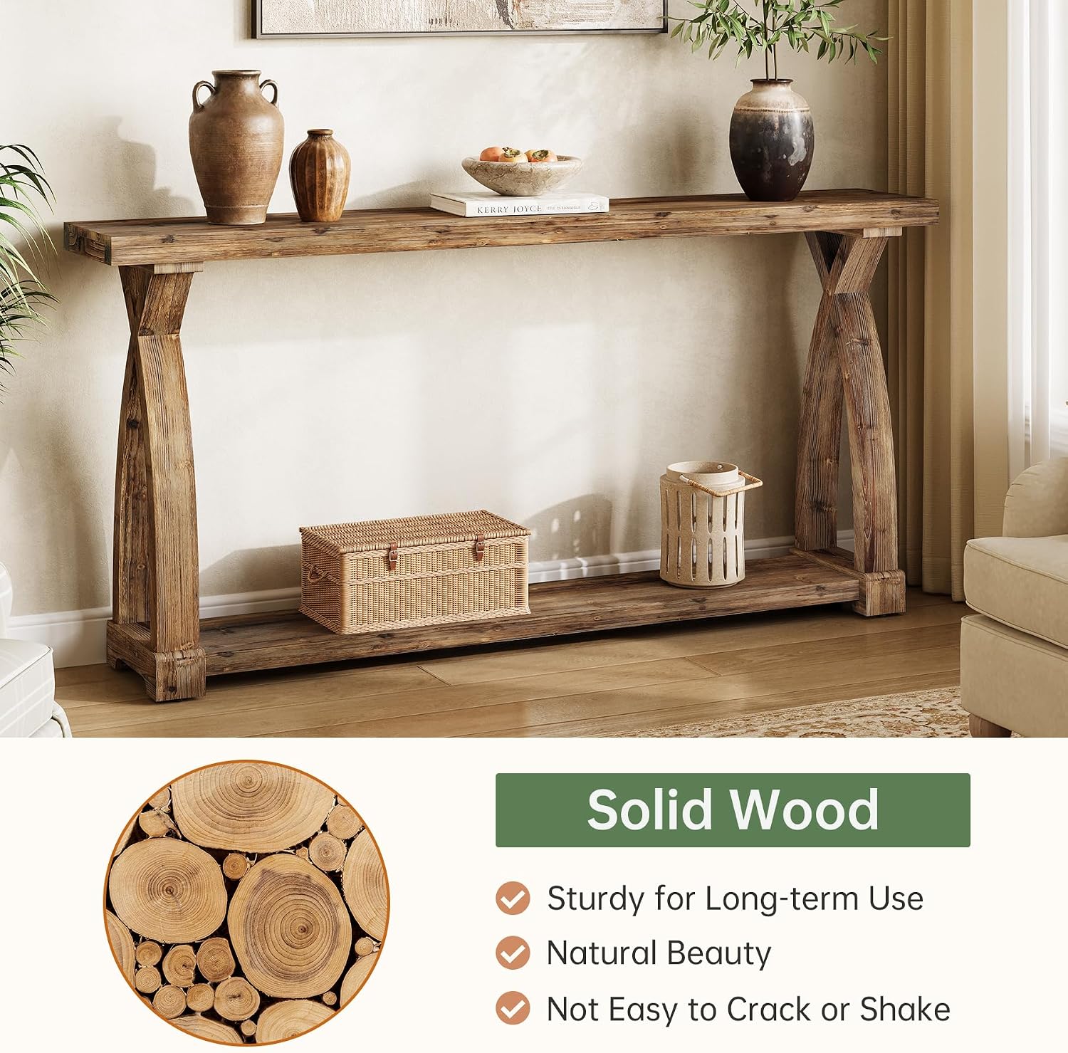 Solid Wood Console Table for Entryway, 63-Inch Narrow Farmhouse Couch Table Behind Sofa with 2-Tier Storage for Entrance, Foyer, Living Room, Long, Rustic Brown