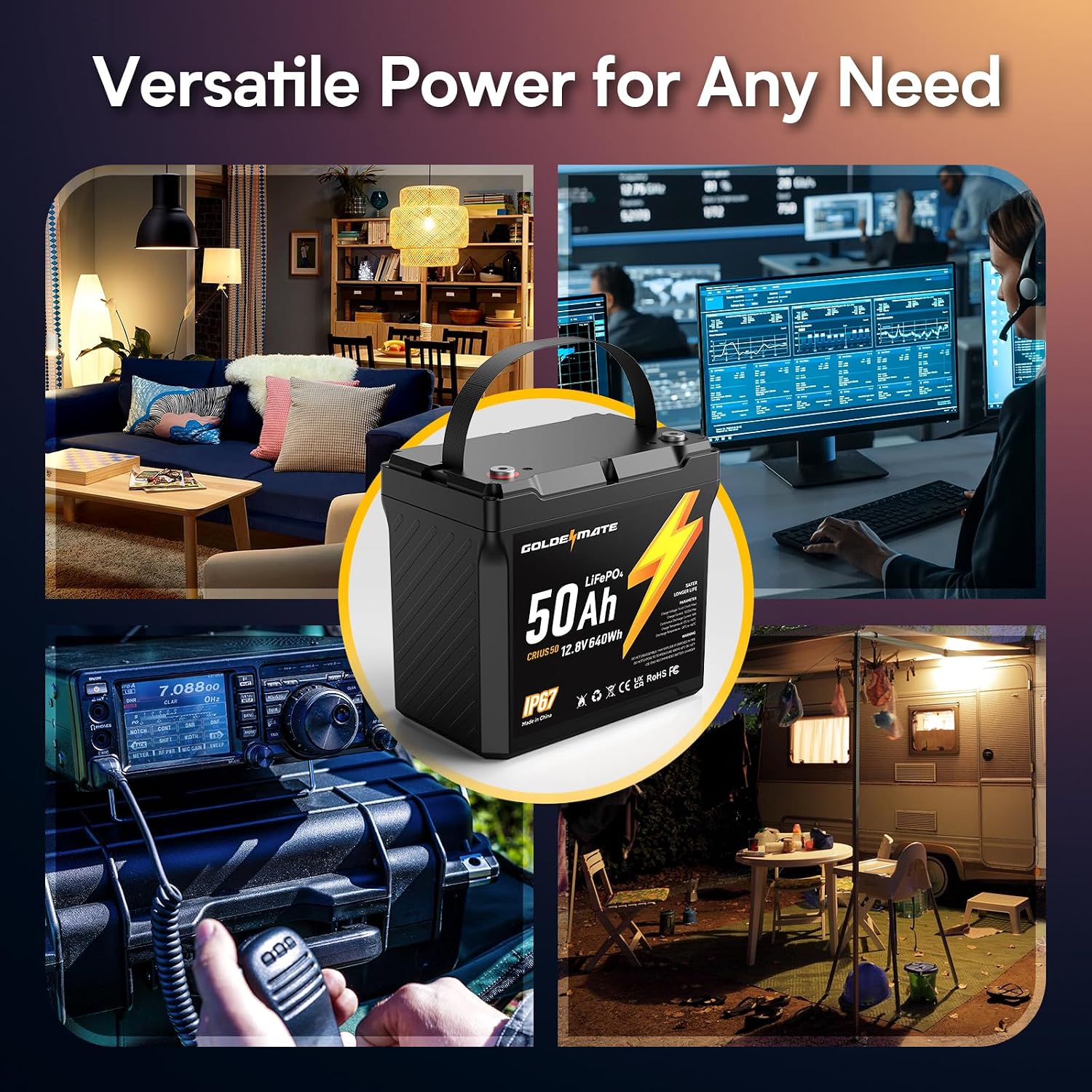 GOLDENMATE 12V 50Ah LiFePO4 Battery, IP67 Waterproof, 5000+ Deep Cycles, Built-in BMS & Grade A Lithium Iron Phosphate Battery Cell, Ideal for RV, Camping, Solar, Marine, Trolling Motor, Off-grid Sets