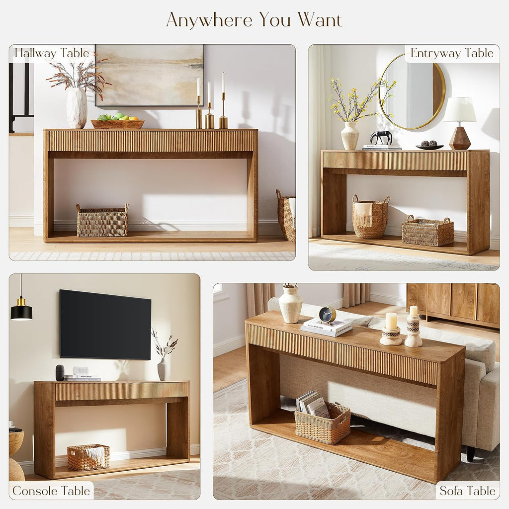 OKD 63' Fluted Console Table for Entryway, Modern Entryway Table with 2 Large Drawers, Long Sofa Table Behind Couch for Living Room, Hallway, Couch, Foyer，Light Knotty Oak