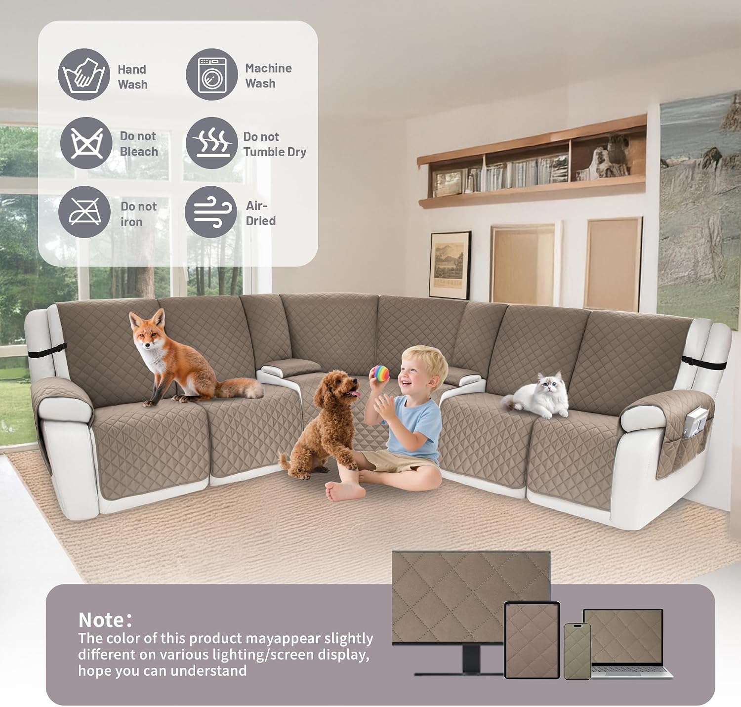 Waterproof Sectional Reclining Couch Covers L Shaped Recliner Sectional Sofa Cover 9 Piece Non Slip Washable Corner Recliner Slipcover Set for Pet Dog (5 Seater 2 Console Cover, Camel)