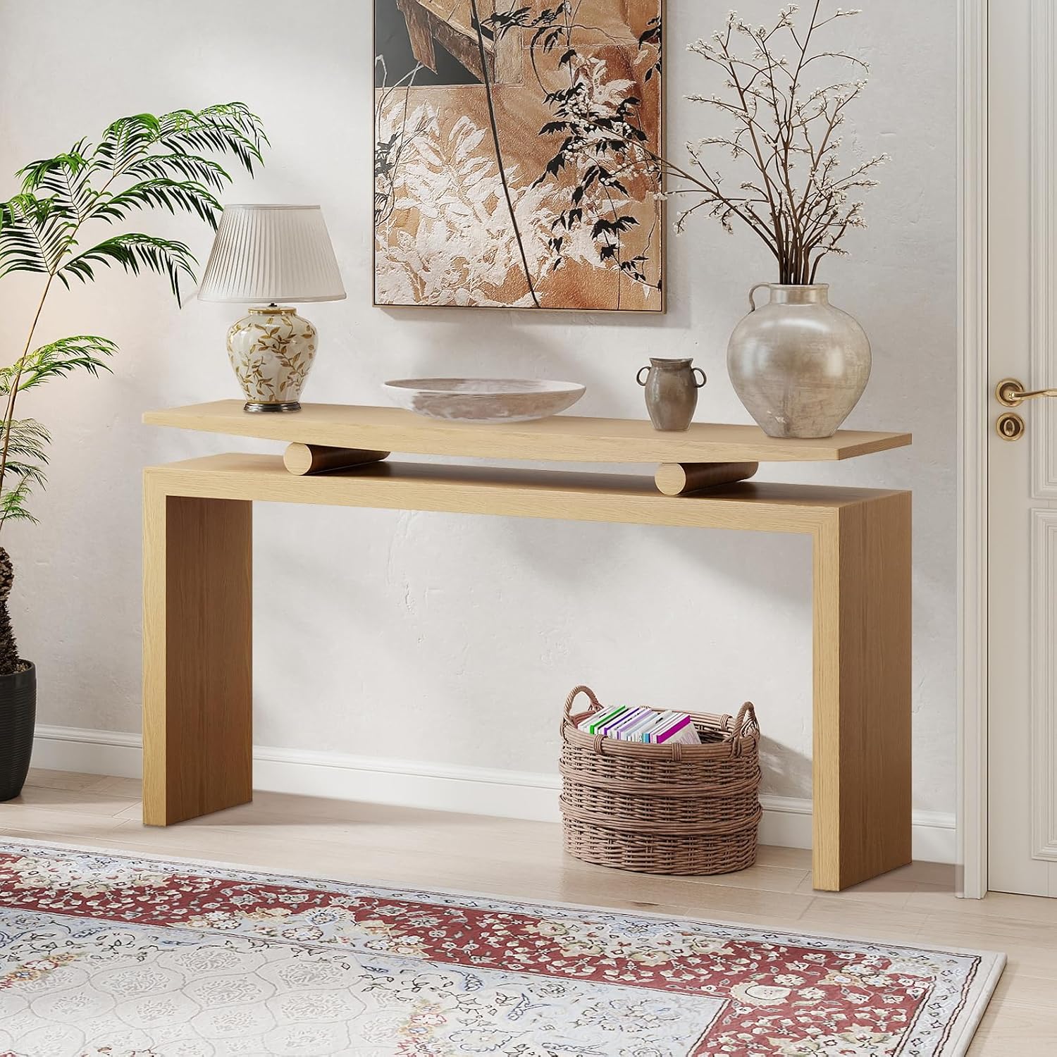 LKTART Farmhouse Console Table Hallway Table for Entryway Solid Wood Sofa Table Behind Couch Narrow Long Entry Table for Living Room Entrance Foyer Natural