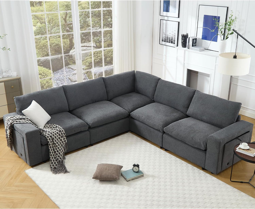 Modular Sectional Couch, L-Shaped Sectional Sofa Chaise with Dual USB-C Charging & Cup Holders, Modern 5 Seat Couches for Living Room with Storage & Armrests, Soft Linen Fabric, Grey