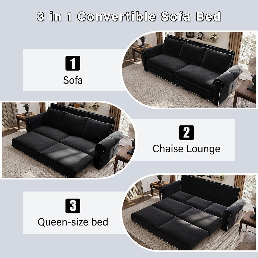 3 in 1 Convertible Sleeper Sofa Bed, 93.7' King Size Sofa Sleeper with Pull Out Bed, Velvet Folding Loveseat Sofa 3-Seater with Deep Seat, Nailhead Trim & Rolled Arm for Living Room