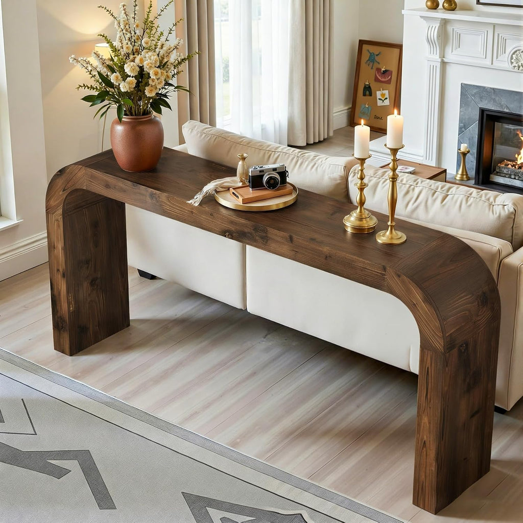 Solid Wood Console Table, 70.87-Inch Farmhouse Sofa Table with Waterfall Curved Corners for Hallway, Living Room, Behind Couch, Entrance (Dark Brown)