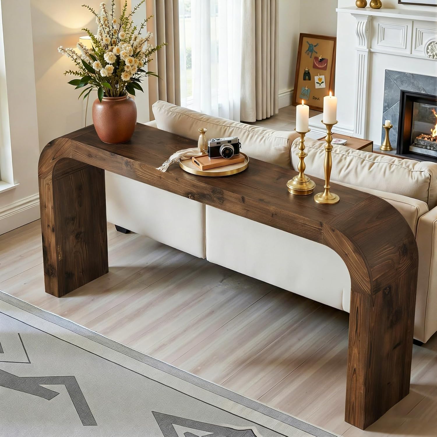 Solid Wood Console Table, 70.87-Inch Farmhouse Sofa Table with Waterfall Curved Corners for Hallway, Living Room, Behind Couch, Entrance (Dark Brown)