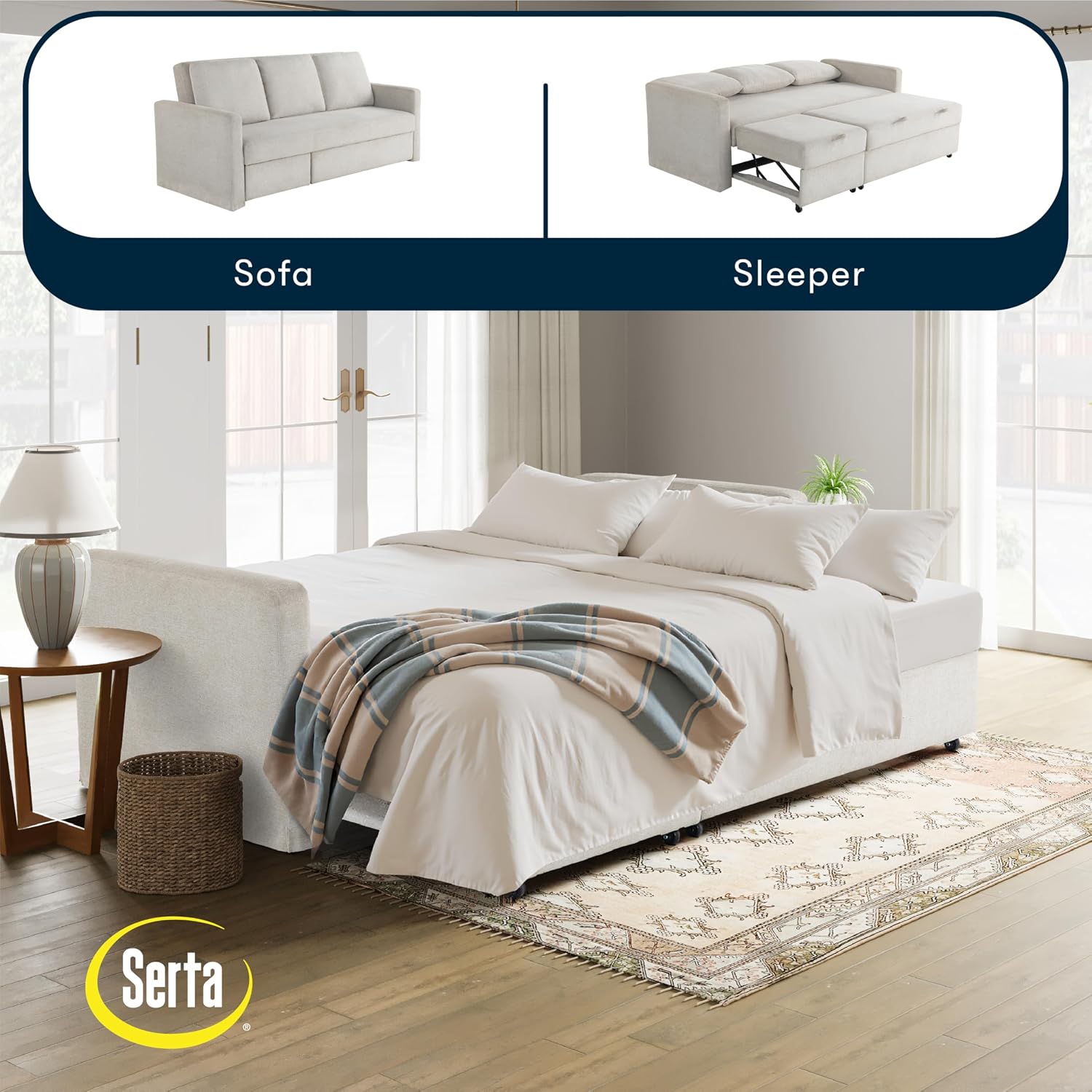Serta® Marshall 83.9' King-Size Convertible Sectional Sofa, Reversible Design, Dream Coil® Comfort, Fingerguard® Pinch Point Protection, Woven Polyester Fabric, Ivory