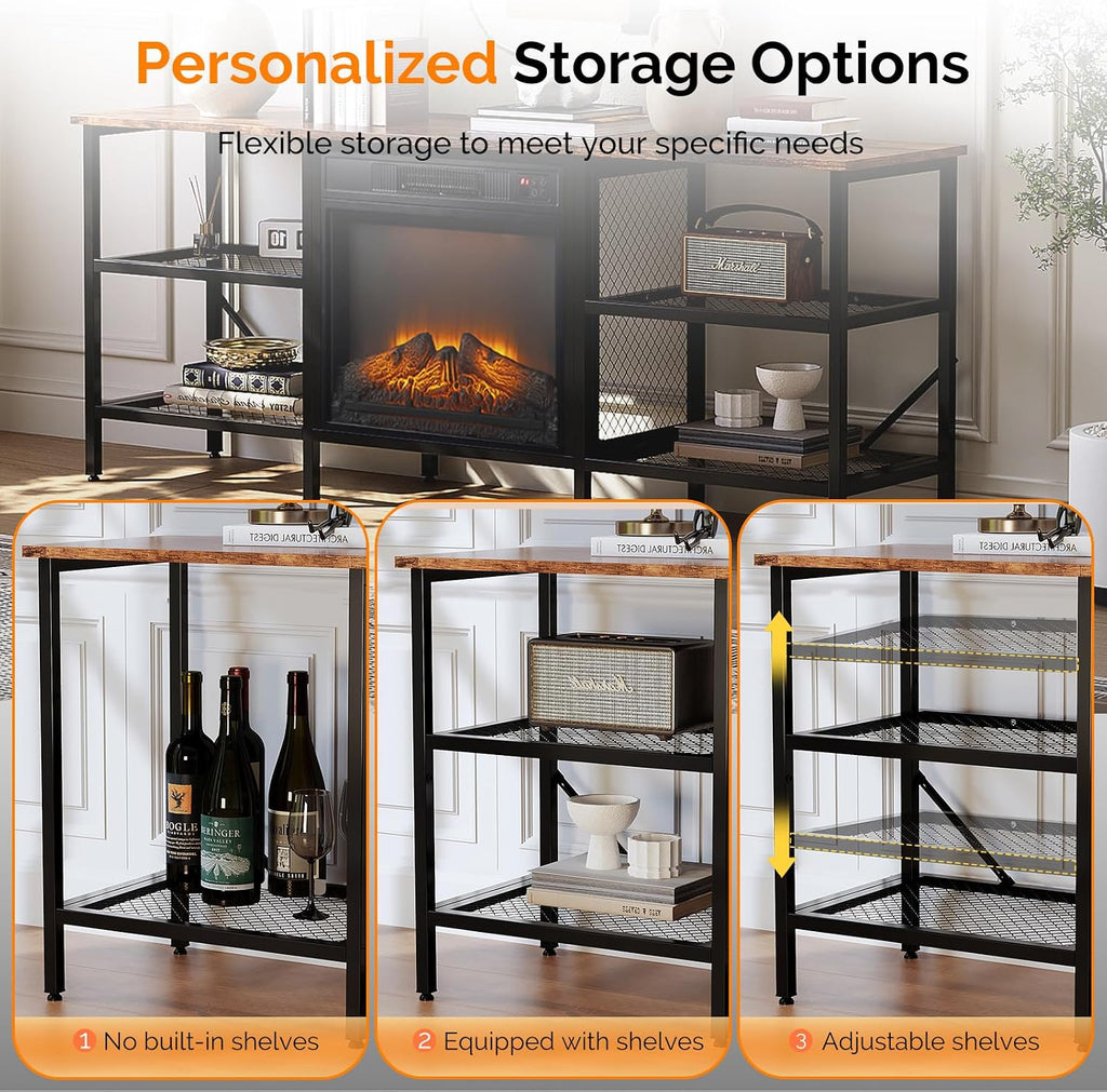 Bonnlo 58' Fireplace TV Stand, Rustic Brown Industrial Entertainment Center with Electric Fireplace, Open Metal Mesh Shelves, TV Stand for 65–70 Inch TVs
