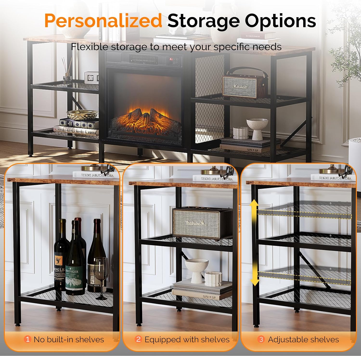 Bonnlo 58' Fireplace TV Stand, Rustic Brown Industrial Entertainment Center with Electric Fireplace, Open Metal Mesh Shelves, TV Stand for 65–70 Inch TVs