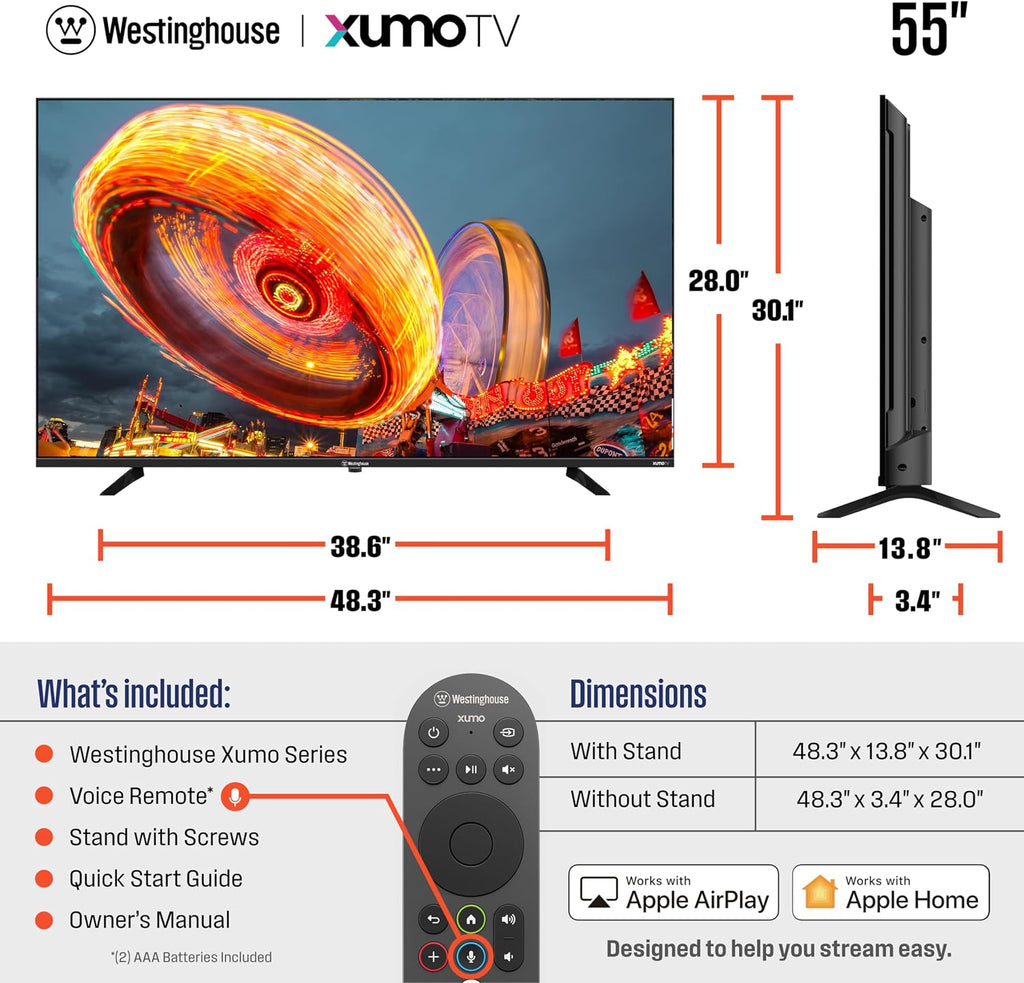 Westinghouse 55-inch Smart TV, 4K UHD Xumo TV w/ HDR10, Voice Remote, Dolby Vision, Dolby Atmos, Edgeless, Flat Screen LED Television w/Bluetooth, Apple AirPlay, Wi-Fi & Mobile Connectivity