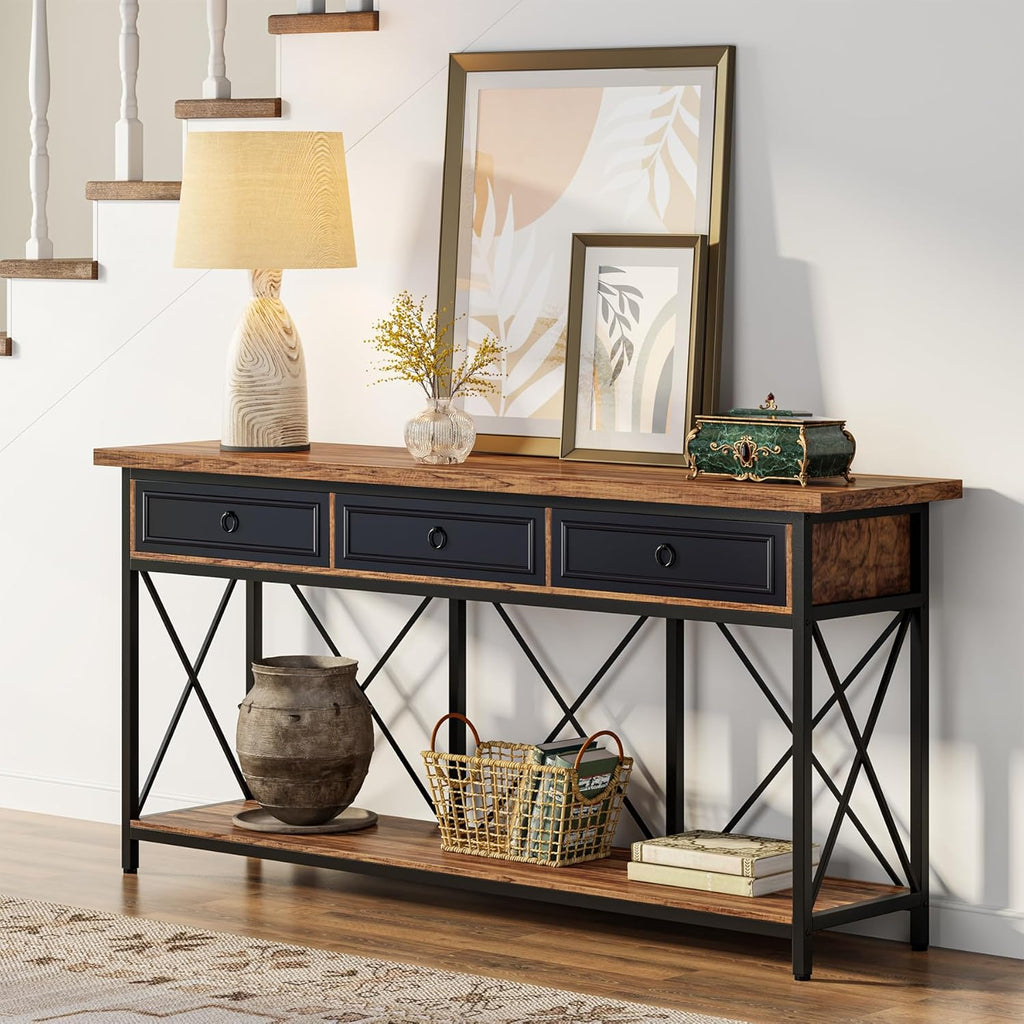Tribesigns 70.8' Console Table with 3 Drawers, Farmhouse Entryway Table with Storage Shelf, Narrow Long Sofa Foyer Table for Entryway, Hallway (Brown/Black)