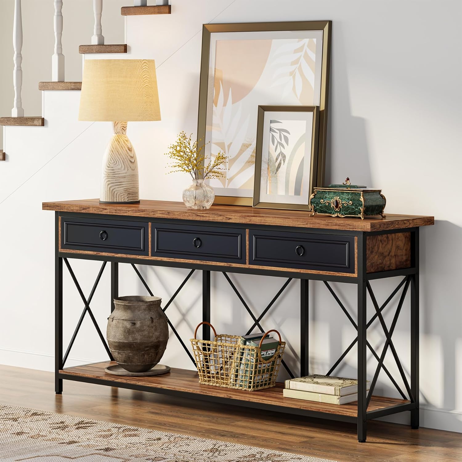 Tribesigns 70.8' Console Table with 3 Drawers, Farmhouse Entryway Table with Storage Shelf, Narrow Long Sofa Foyer Table for Entryway, Hallway (Brown/Black)