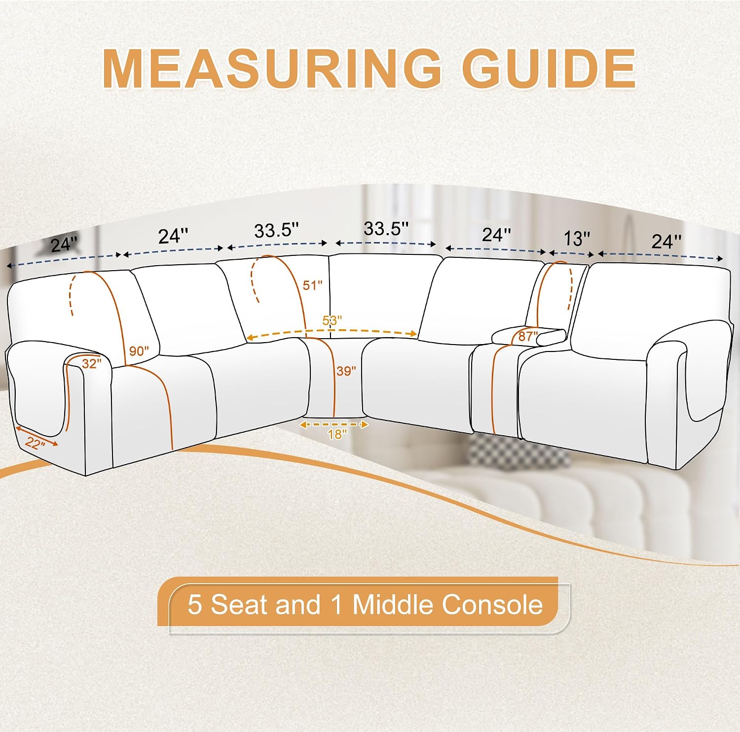 HDCAXKJ 100% Waterproof Reclining Sectional Couch Covers L Shape Recliner Sofa Cover Washable Quilted Soft Pet Dog Corner Recliner Slipcovers with Pockets (5 Seat and 1 Middle Console, Ivory White)