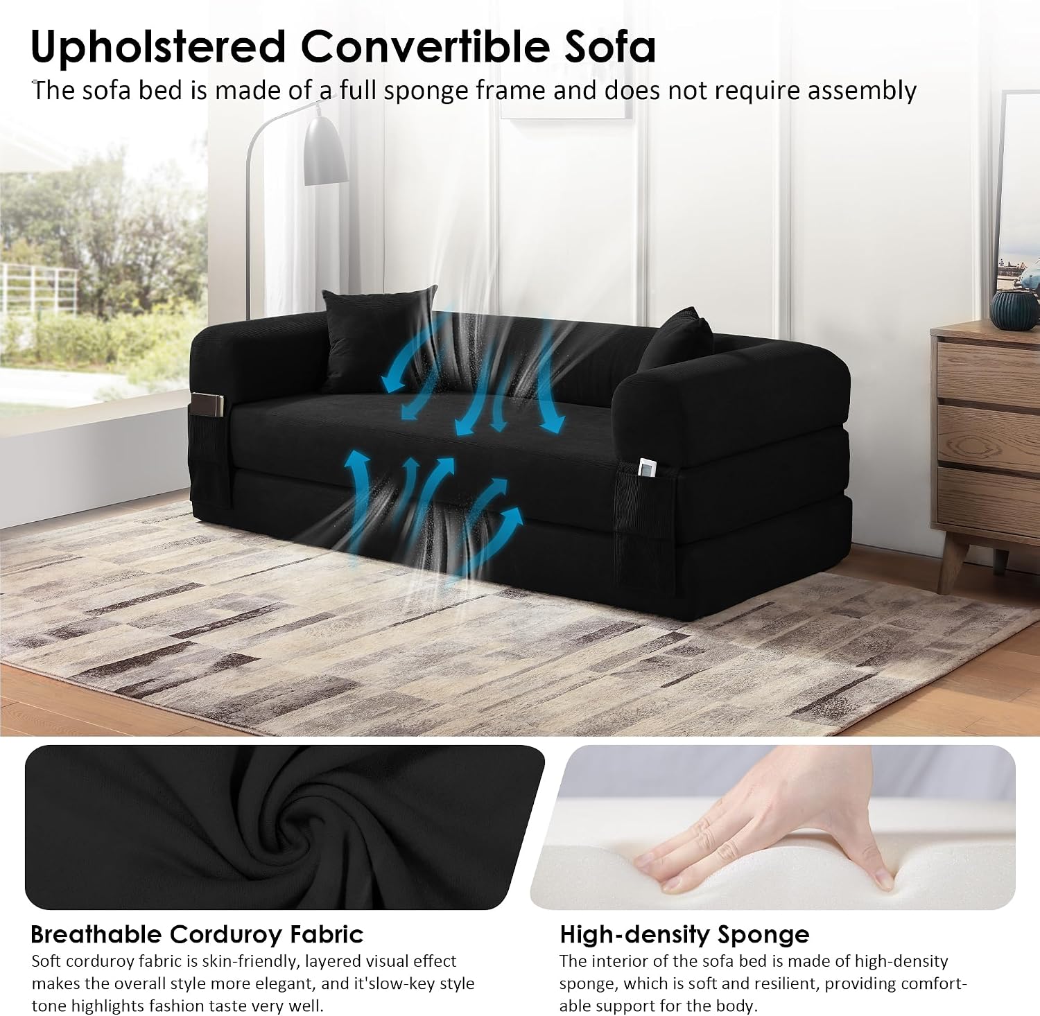 80' Convertible Sofa Bed, Corduroy Deep Seat Folding Pull Out Couch with Pillows, No Assembly Modern Boneless Couch Compression Sofa in Box, Floor Sofa with Storage Pocket for Living Room,Black