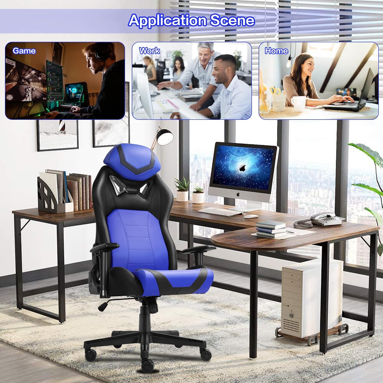 Modern-Depo Video Gaming Chair with 360°-Swivel Seat and Headrest | High-Density Memory Foam Ergonomic Office Chair, Big and Tall Computer Chair for Home, Office, Blue Black