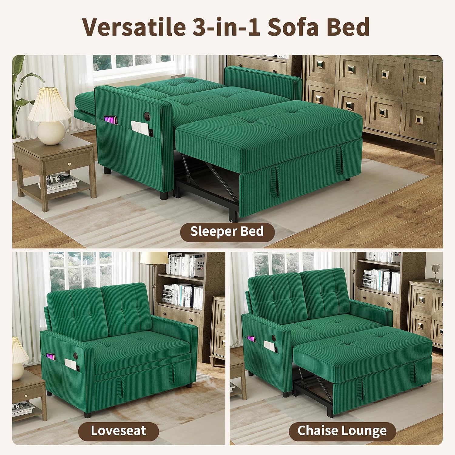 3 in 1 Convertible Sleeper Sofa Bed, Pull Out Couch with Charging Station, Corduroy Small Loveseat Sleeper Sofa with Adjustable Backrest for Apartment, Bedroom, Small Space（Green）