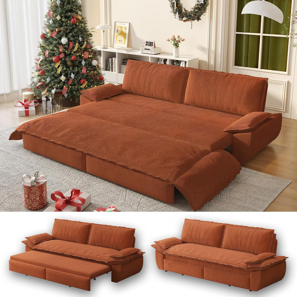 73.2' Sofa Bed Queen Size, Pull Out Couch Bed, 3-in-1 Convertible Sleeper Sofa with Cushion Armrest, Modern Corduroy Futon Couch for Living Room, Small Space, Apartment, Bedroom, Orange