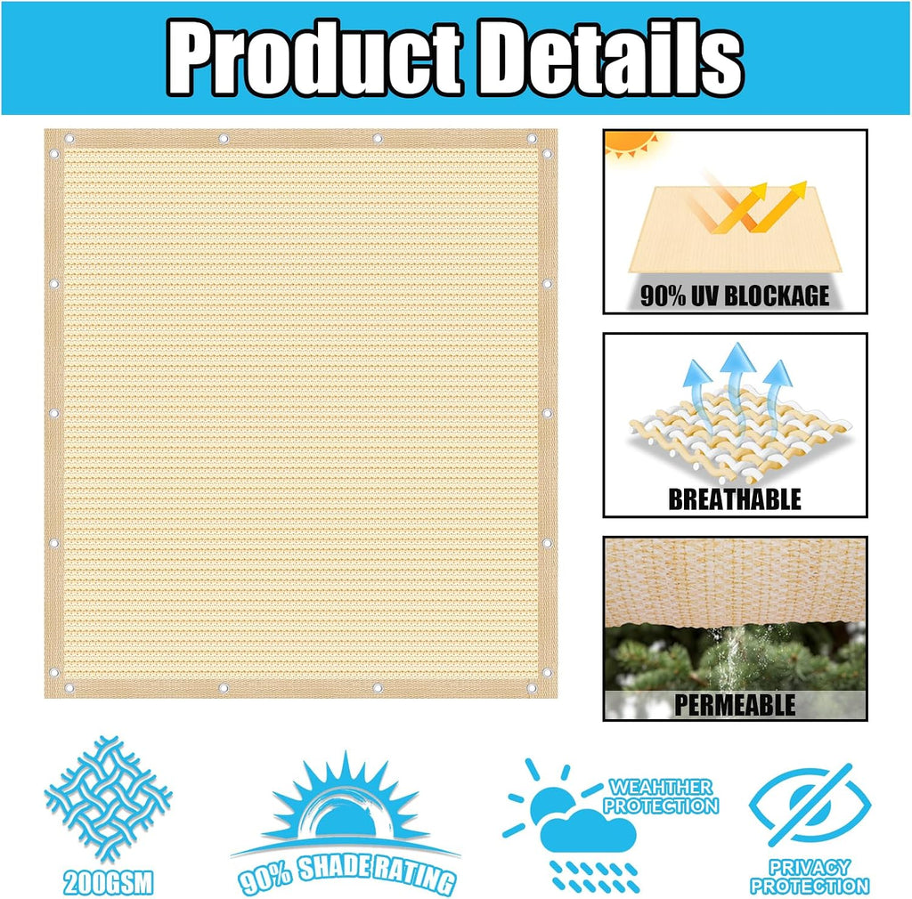 Amagenix 90% Pergola Shade Cover 10' X 14' Sun Shade Cloth with Grommets for Outdoor Garden Patio Porch, Commercial Grade 200 GSM - Cable Zip Ties Included (We Customized) GN108, Wheat