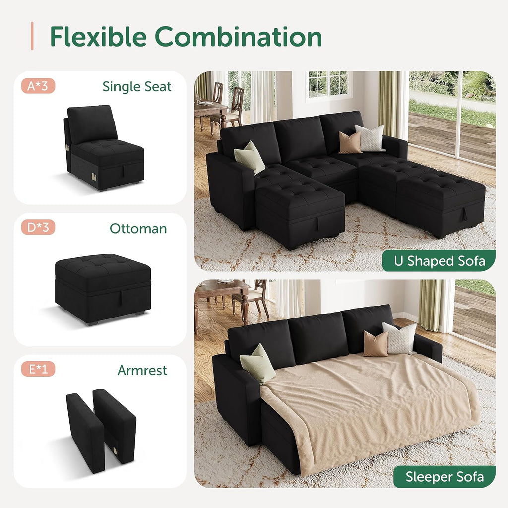 HONBAY Modular Sectional Sleeper Sofa, Sleeper Couch with Storage Seats Oversized Sectional Couches for Living Room,Black