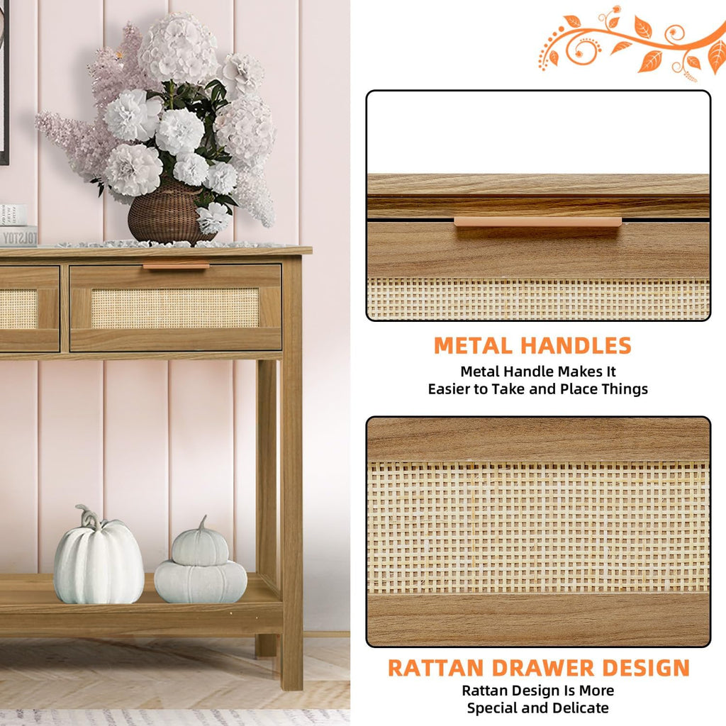 LAZZO Rattan Console Table Boho Entryway Table Narrow Long Sofa Table Hallway Foyer Table Behind Couch Table with 3 Drawers and Open Storage Shelf for Living Room and Corridor Brown
