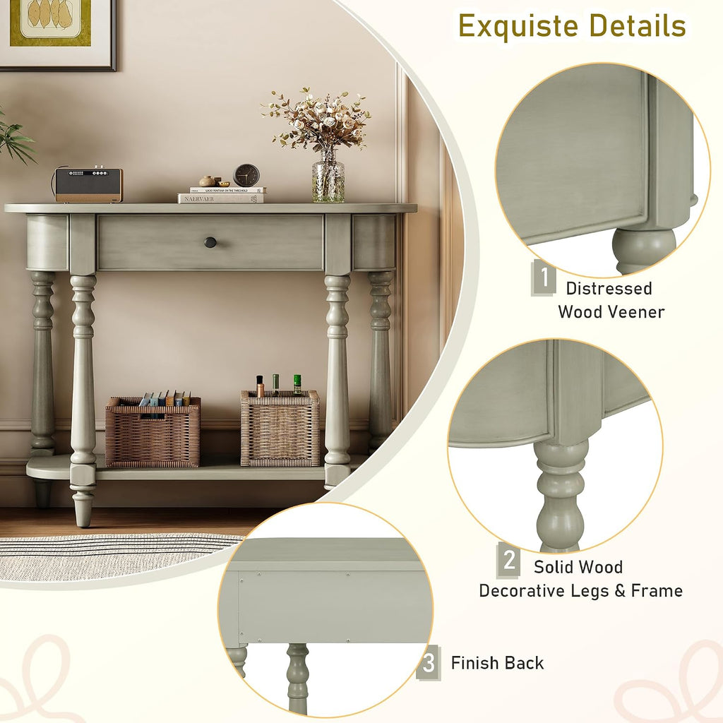 Small Curved Console Table 36-Inch Retro Farmhouse Entryway Sofa Table with Drawer & Storage Shelf for Entry Hallway Foyer Living Room Furniture, Solid Wood Legs, Space-Saving, Gray