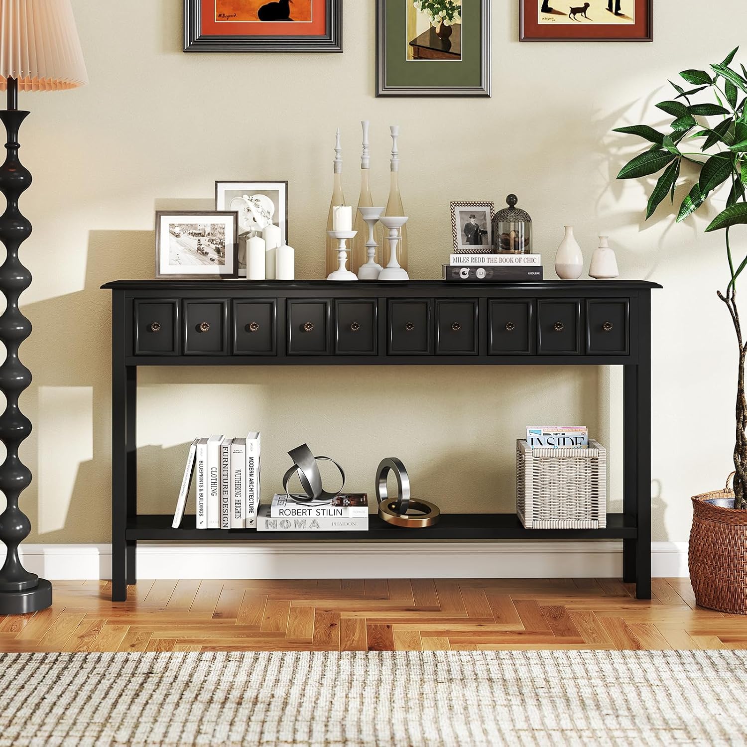 Giantex 60' Entryway Table, Long Narrow Console Table with 4 Drawers and Open Storage Shelf, Modern Slim Entry Tables, Farmhouse Wooden Sofa Tables with Anti-Tip Kit for Living Room, Hallway (Black)