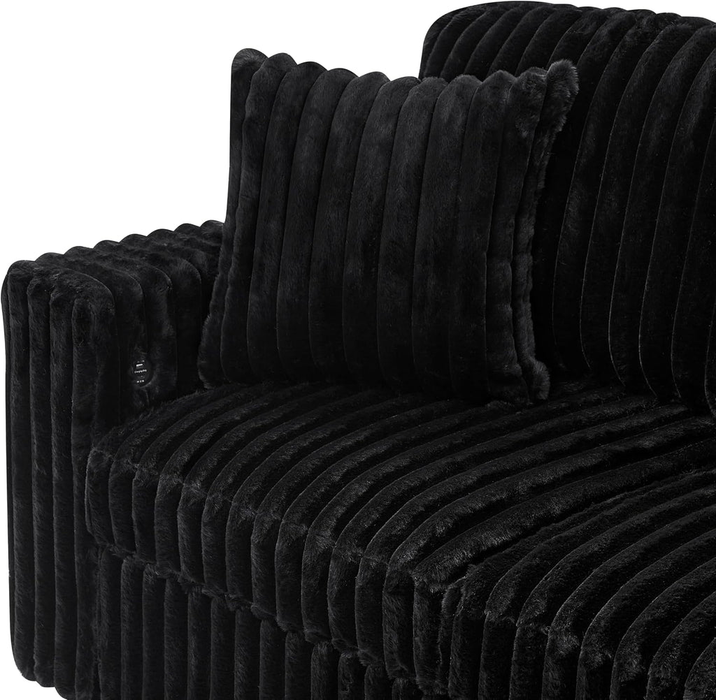 THSUPER 122-Inch Oversized U Shaped Plush Corduroy Fluffy Sectional Sleeper Sofa with Pull Out Bed, Storage Chaise Lounge and USB Charging Port - Black