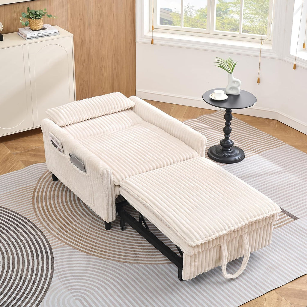 Majnesvon Modern Corduroy Fabric Sofa Bed Futon,3 in 1 Convertible Pullout Sleeper Couches with 3 Reclining Backrests,Small Sofa Chair Bed for Living Room Bedroom (White)