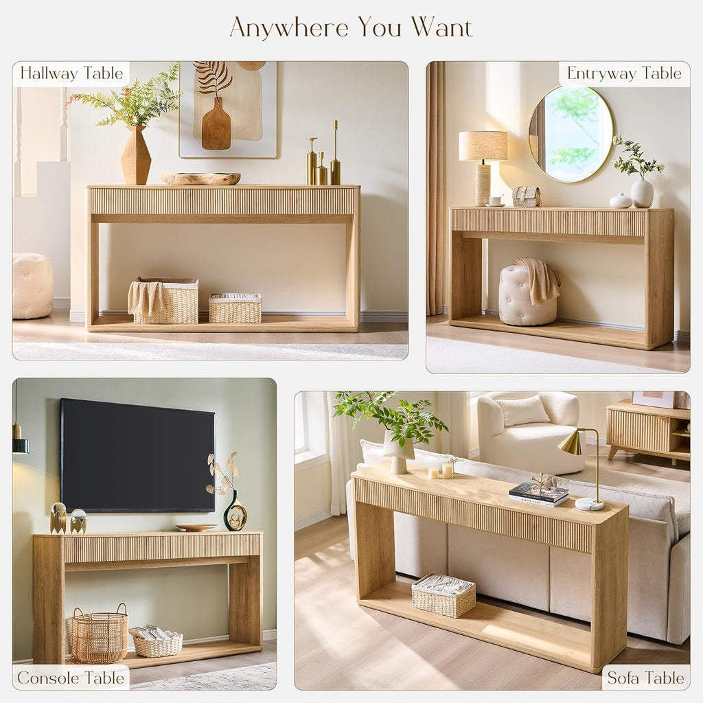 OKD 63' Fluted Console Table for Entryway, Modern Entryway Table with 2 Large Drawers, Long Sofa Table Behind Couch for Living Room, Hallway, Couch, Foyer，Natural Oak