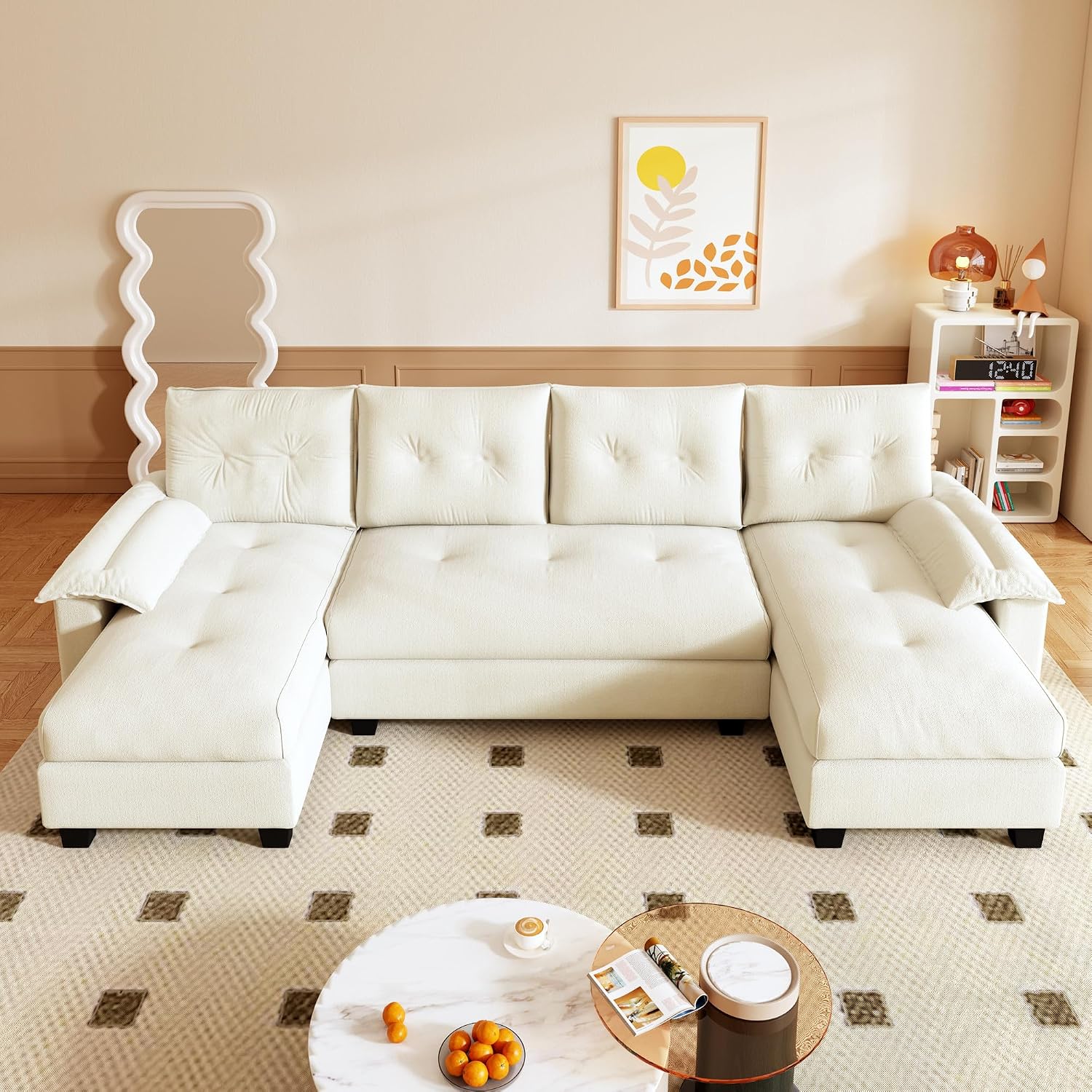 104.7' U-Shaped Sleeper Sofa with Pull Out Bed, 2 in 1 Convertible Couch Bed with Removable Armrests & USB Ports, Oversized Sectional Modular with Chaise Lounge for Living Room/Apartment