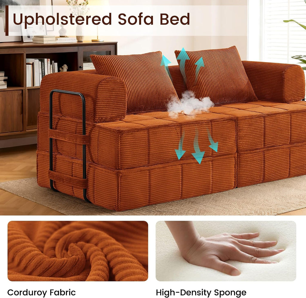 Korser Folding Convertible Sofa Bed, Corduroy Upholstered Boneless Couch, Small Sectional Cloud Couch, Loveseat Sleeper Sofa, Modular Futon Floor Sofa Couch for Living Room Bedroom Lounge, No Assembly