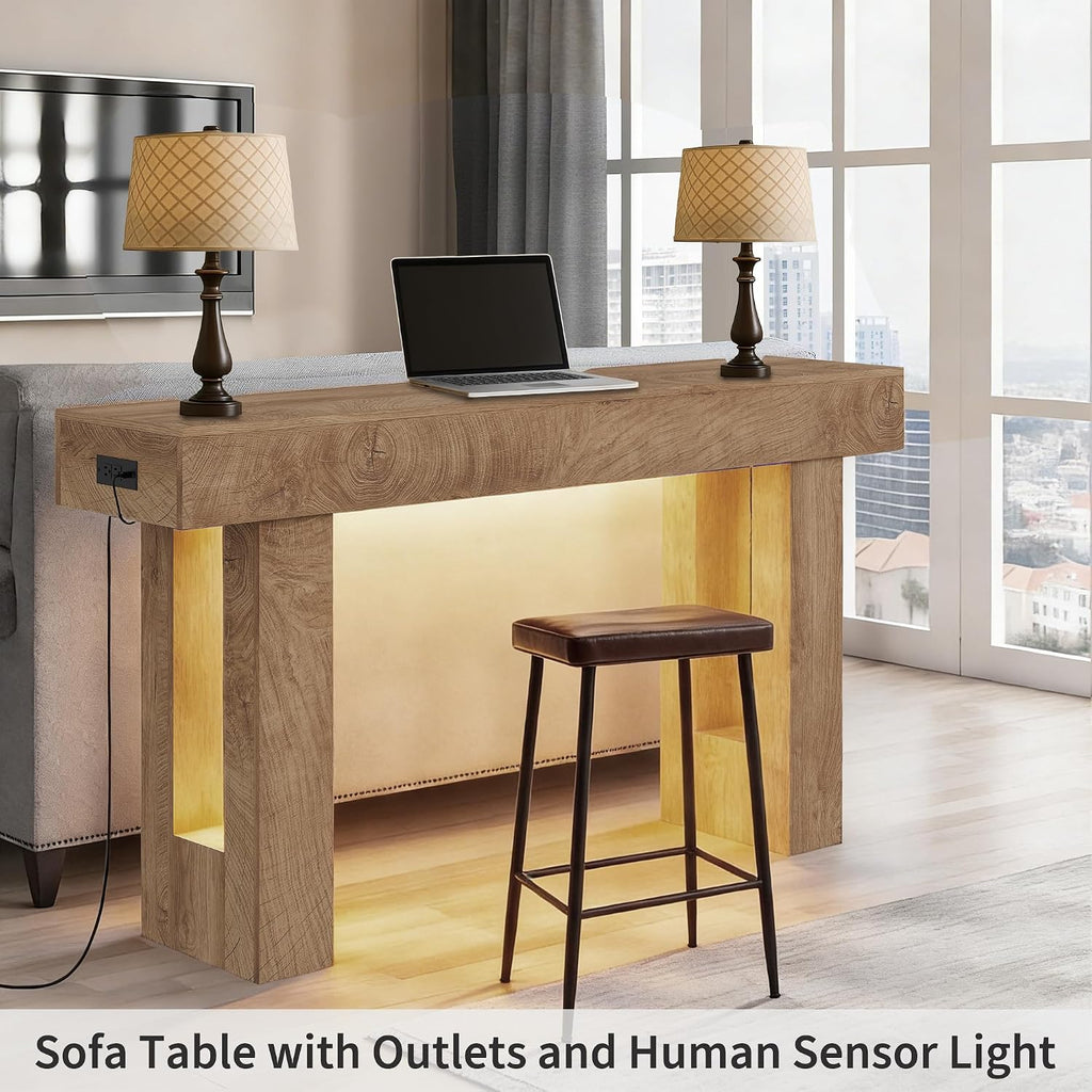 63' Long Console Table with Power Outlet LED Lights, Modern Entryway Table with Human Sensor Light, Large Industrial Hallway Accent Furniture for Living Room, Entryway, Hallway