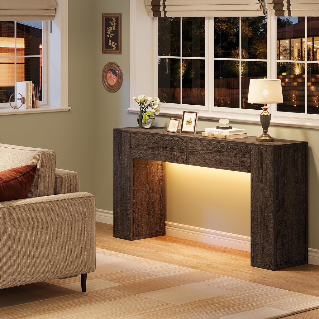Farmhouse Console Table with LED Light and 2 Drawers, 55 inch Long Sofa Table Behind Couch, Narrow Entry Table for Entryway, Hallway, Entrance, Living Room (Gray)