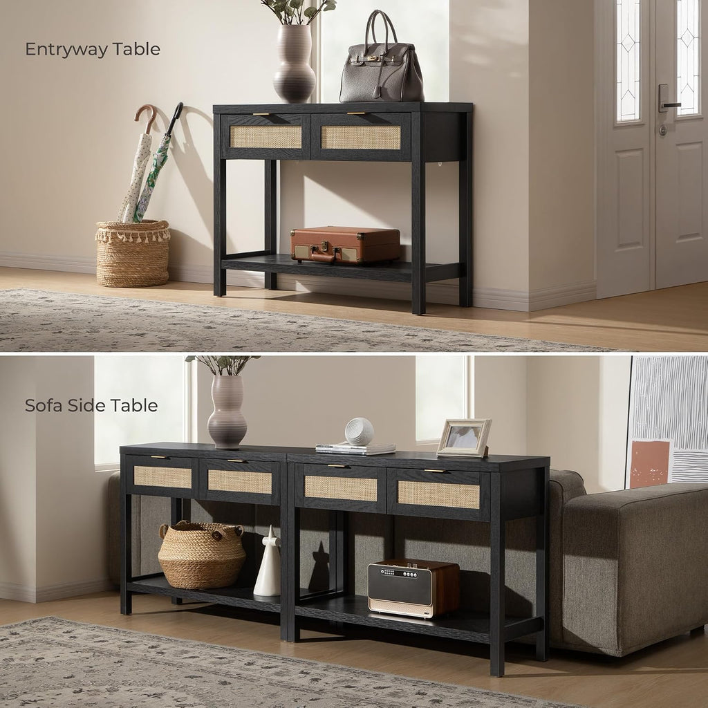 SICOTAS Black Console Table with Rattan Drawers - Boho Rattan Entryway Table with Storage, Small Console Tables for Entryway, Entry Table for Hallway, Sofa Table