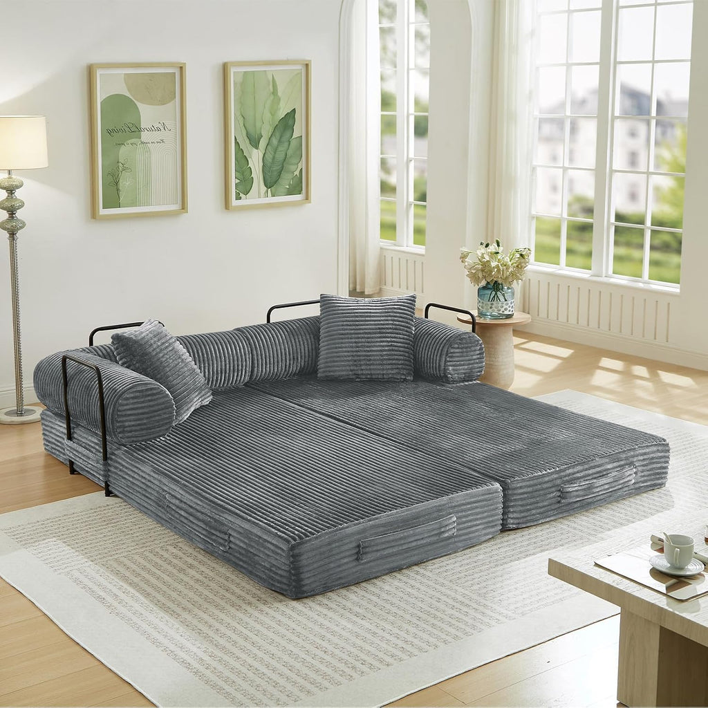 Antetek Modular Couch Bed, Convertible Folding Plush Corduroy Comfy Floor Compression Loveseat Sleeper Sofa Couch, King Size Bed for Guest Room Living Room Bedroom, No Assembly Required, Light Grey