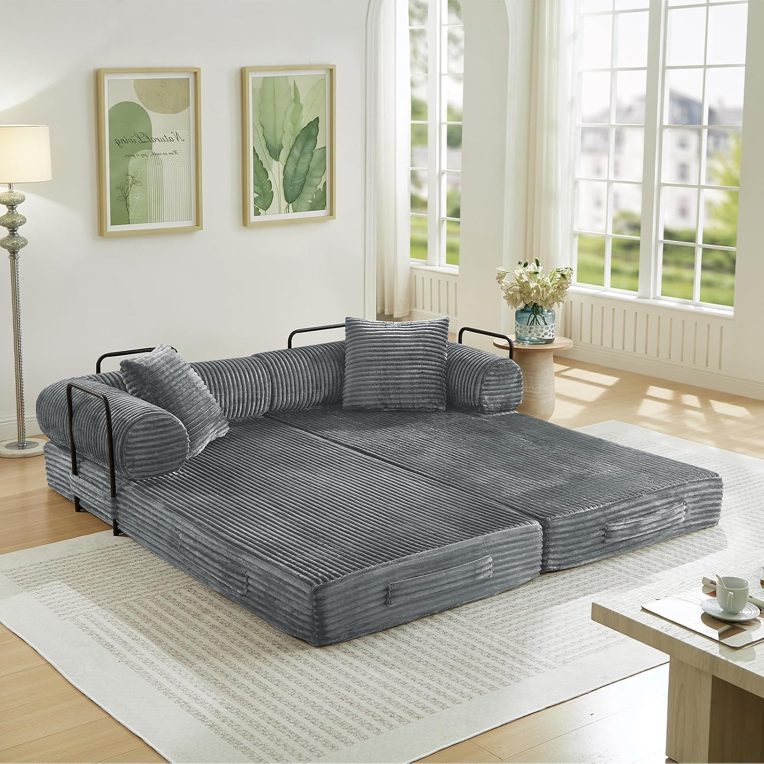 Antetek Modular Couch Bed, Convertible Folding Plush Corduroy Comfy Floor Compression Loveseat Sleeper Sofa Couch, King Size Bed for Guest Room Living Room Bedroom, No Assembly Required, Light Grey
