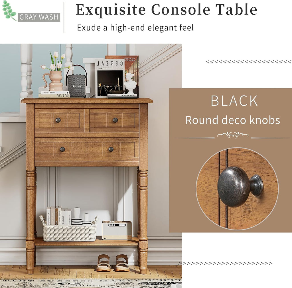Merax Narrow Console Table, Elegant Slim Entryway Table Sofa Table with Three Storage Drawers and Bottom Shelf for Entryway for Hallway, and Living Room (Natural)