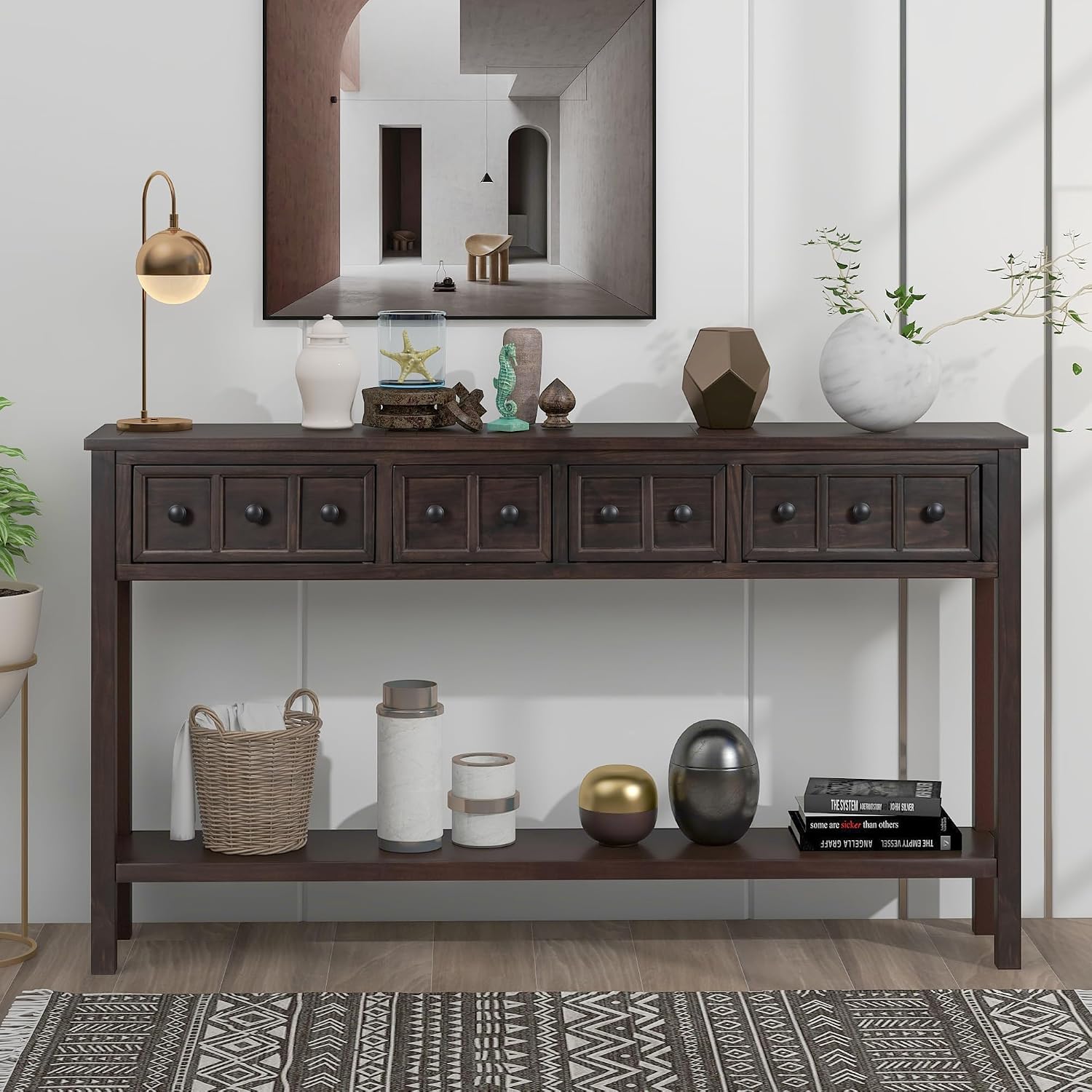 Merax Solid Wood Entryway Table with Storage Drawers, 60' Long Sofa Table Bebind Couch with Bottom Shelf, Rustic Console Tables, Espresso
