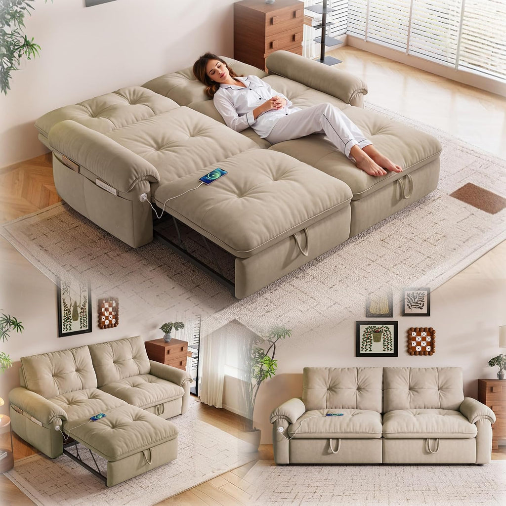 77' Queen Size Sofa Bed, Loveseat Sleeper Sofa with Pull Out Bed, Pockets and USB, Modern 2 Seater Convertible Small Couch for Living Room Bedroom Apartment, Brown