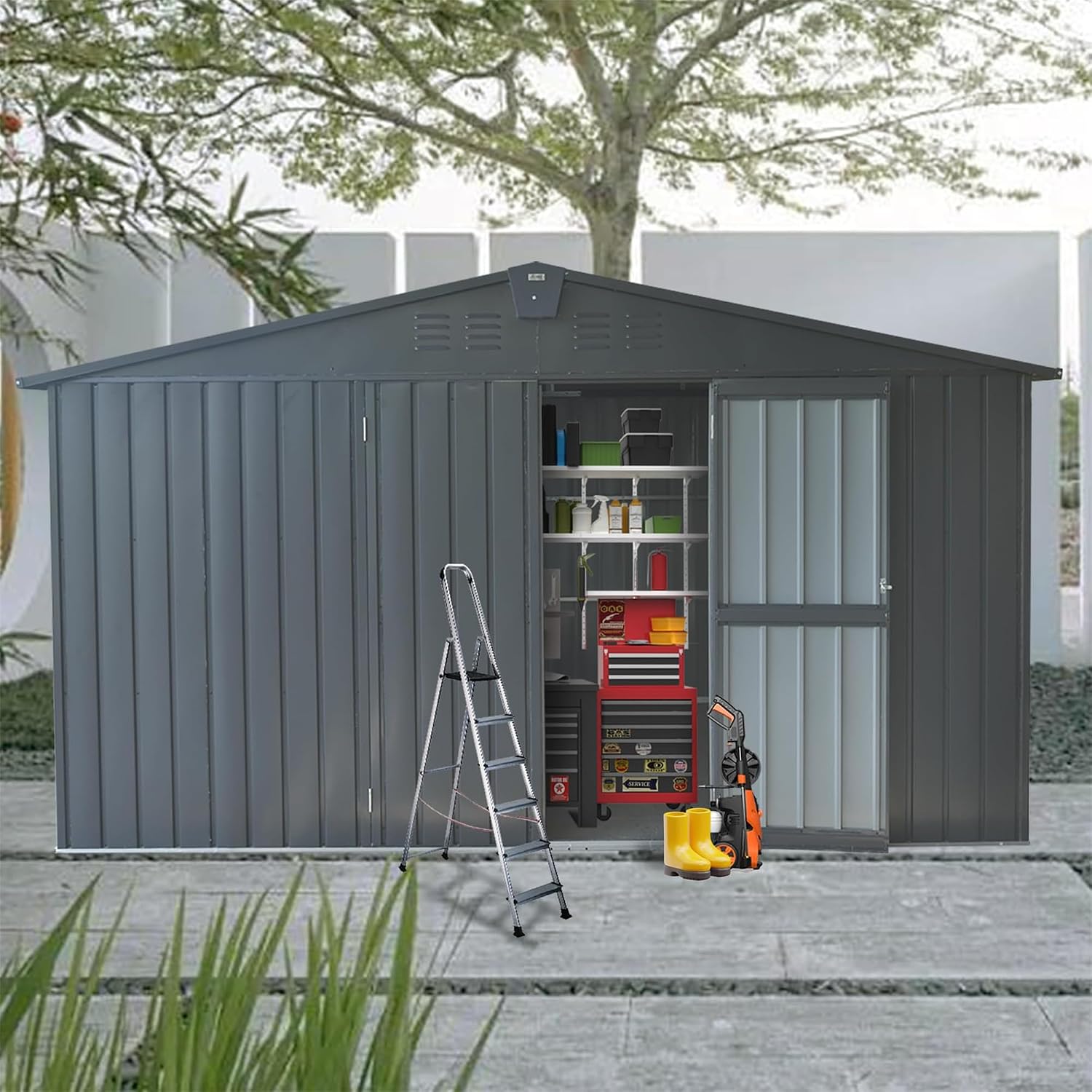 11x9FT Outdoor Storage Shed, with Sloping Roof Galvanized, Latches and Lockable Door, Steel Frame Garden Shed Metal Utility Tool Storage Room for Balcony