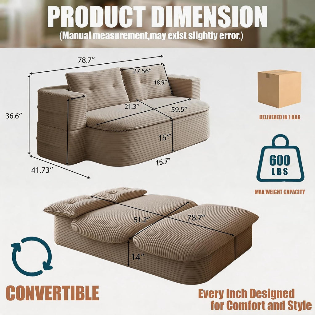 78.7-inch Folding futon Sofa Bed, Full-Size Convertible Sleeper Couch Bed, Memory Sponge Double Sofa with Comfortable Mattress, Suitable for Living Room and Guest Room (brown, 78.7 inches)