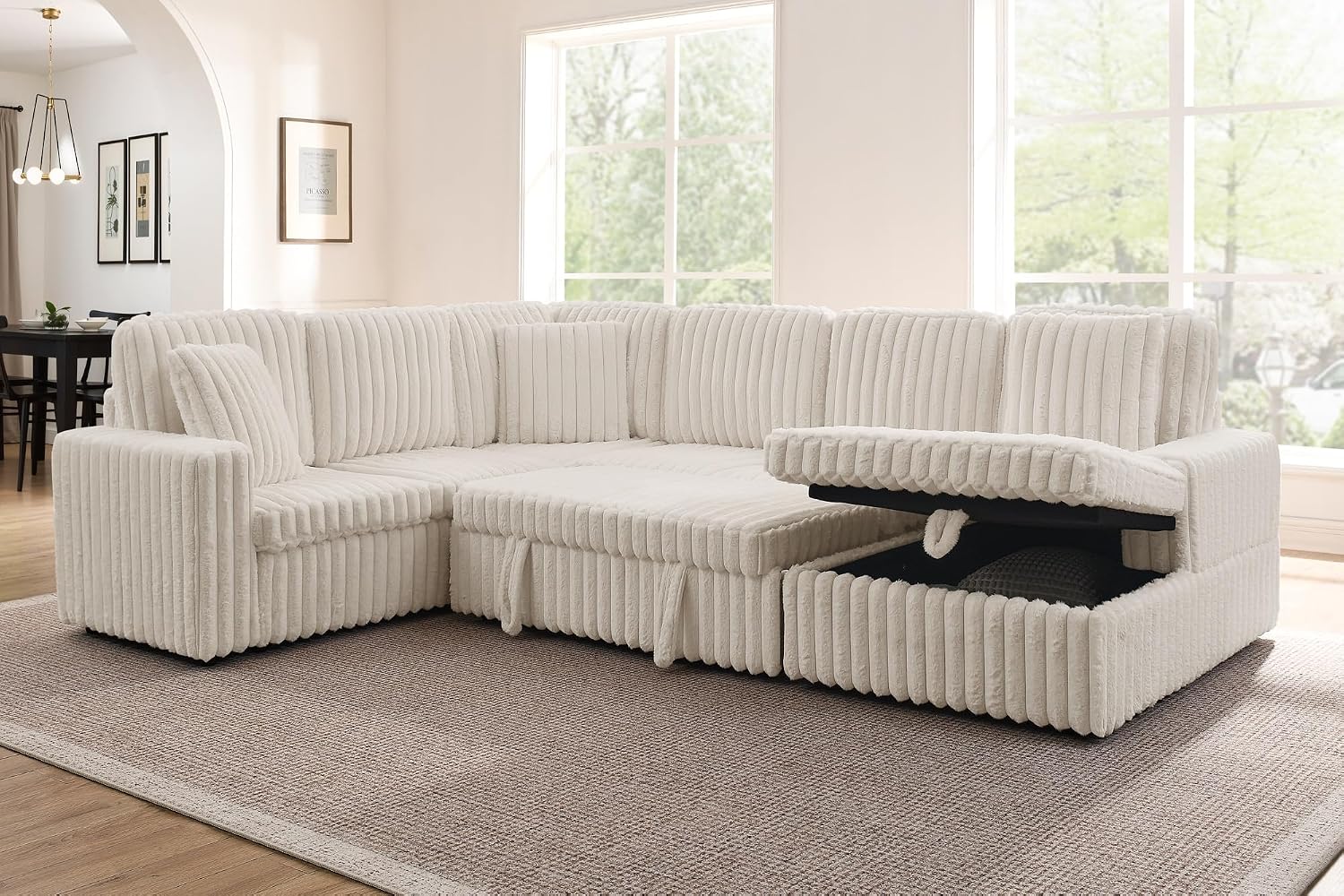 THSUPER 114-Inch Oversized U Shaped Plush Corduroy Fluffy Sectional Sleeper Sofa with Pull Out Bed and Storage Chaise Lounge - Beige