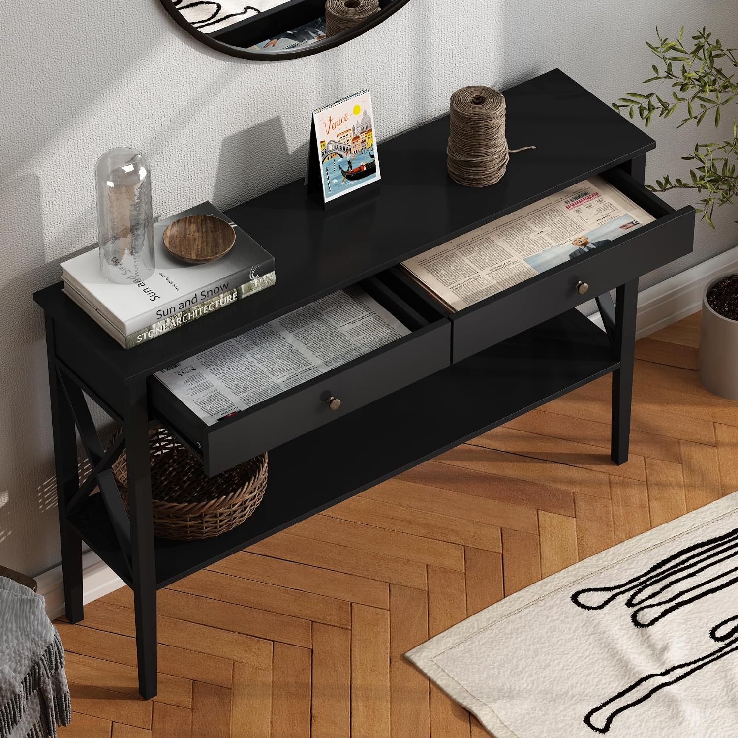 ChooChoo 47' Console Table with Drawers, Narrow Wood Accent Sofa Table Entryway Table with Storage Shelf for Entryway, Front Hall, Hallway, Living Room, Black