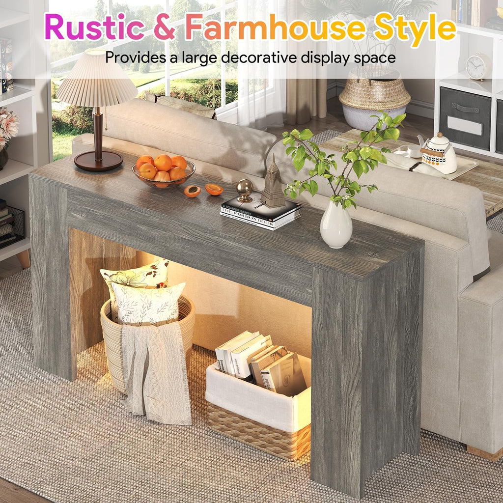 knoworld 63-Inch Long Console Table with LED Light, Farmhouse Sofa Table Behind Couch, Wooden Console Table for Entryway Hallway Entrance Living Room, Gray