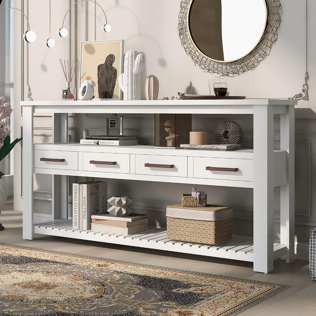 62 in White Console Table with 4 Drawers and 3-Tier Storage Shelves, Wood Modern Sofa Table Entryway Table Side Table for Entry Way, Hallway, Couch, Living Room, Kitchen, Foyer