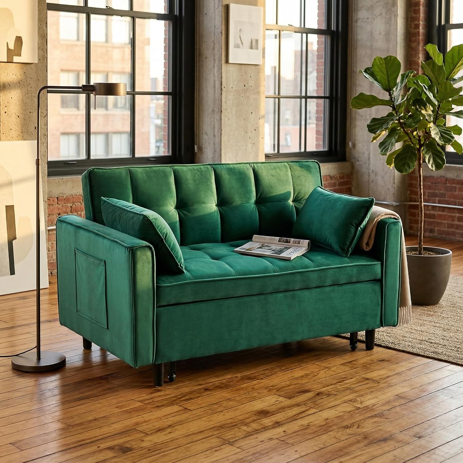 55in Pull Out Sofa Bed, 3 in 1 Convertible Sleeper Sofa Bed with Side Pockets & Adjustable Backrest, Velvet Fabric Loveseat Pull Out Couch for Living Room Bedroom Apartment & RV, Green